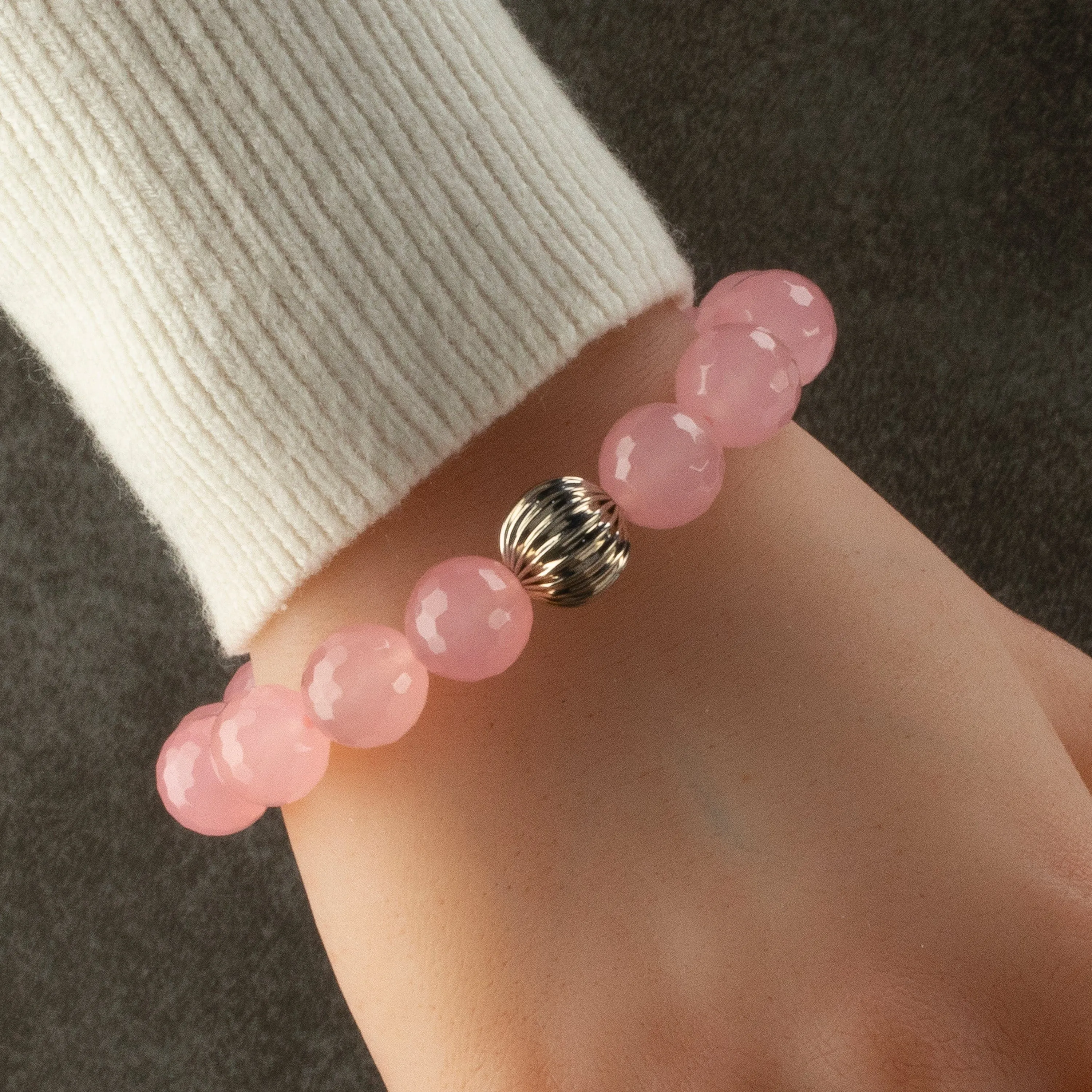 Faceted Rose Quartz 12mm Gemstone Bead Elastic Bracelet with Silver Accent Bead