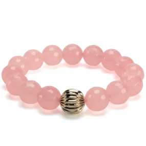 Faceted Rose Quartz 12mm Gemstone Bead Elastic Bracelet with Silver Accent Bead