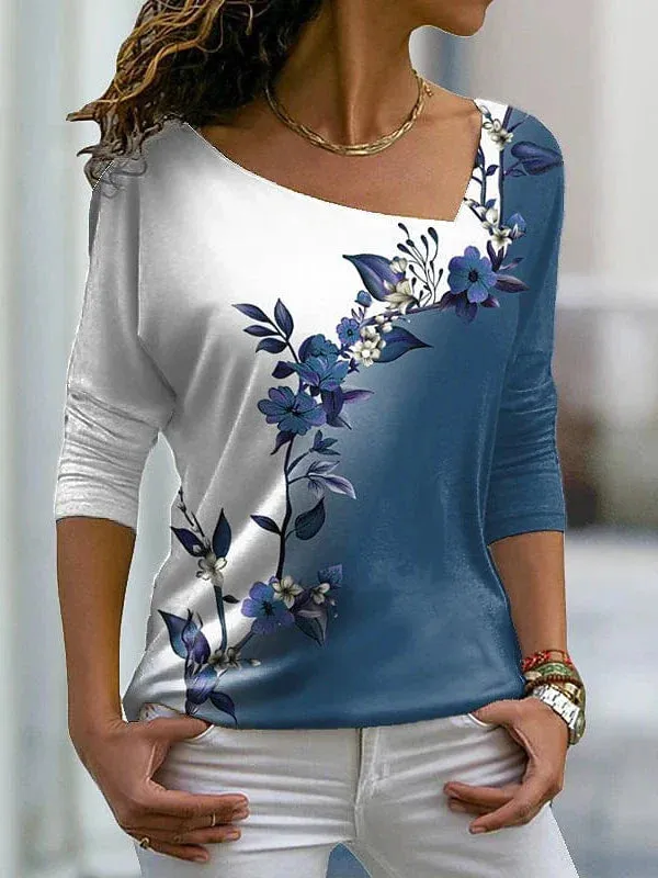 Floral Graphic Plus Size T-shirt with Long Sleeves and V-Neck