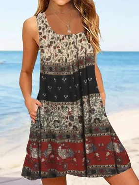 Floral Print Sleeveless Tank Dress with Crew Neck and Loose Fit