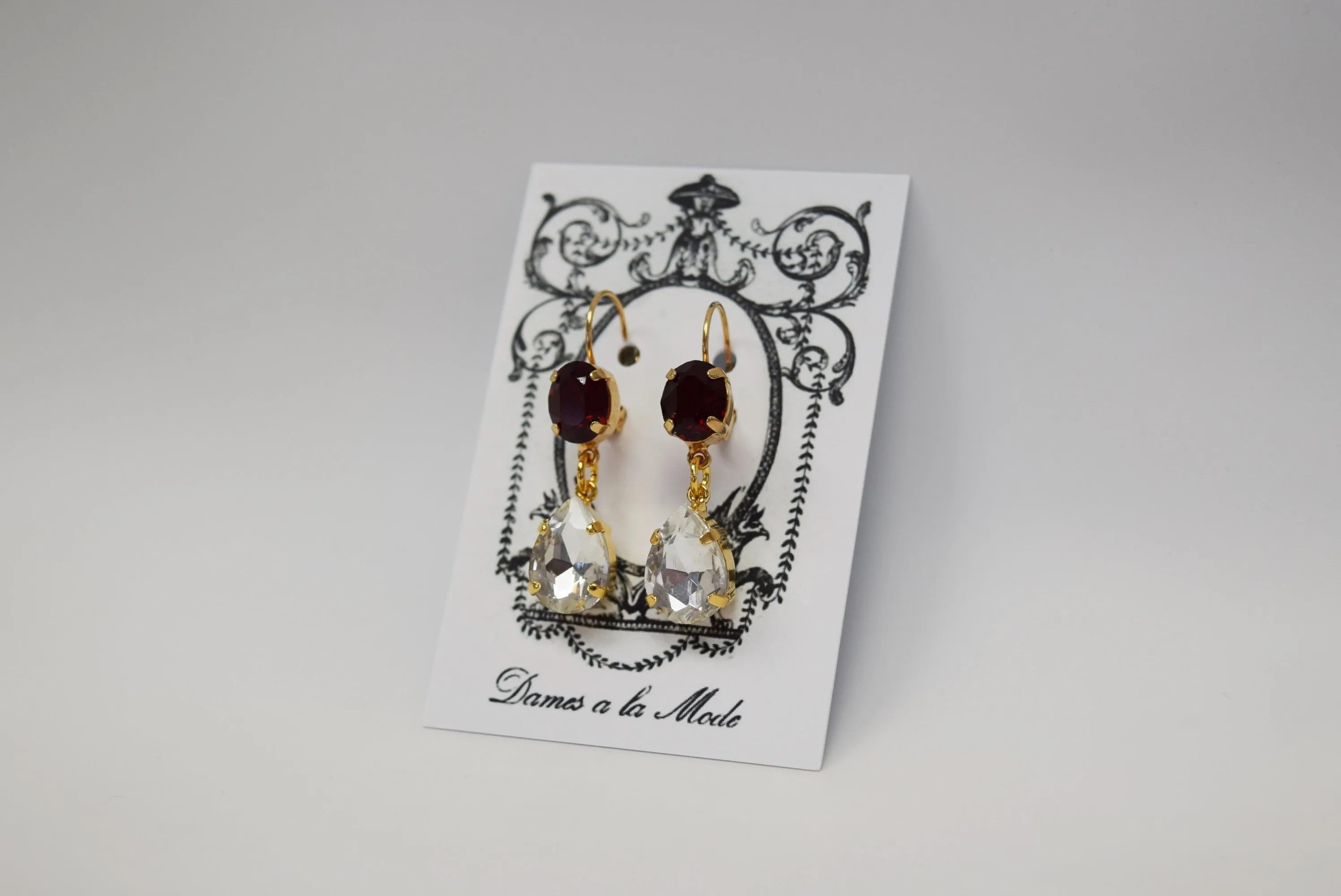 Garnet and Clear Crystal 2-Stone Teardrop Earrings