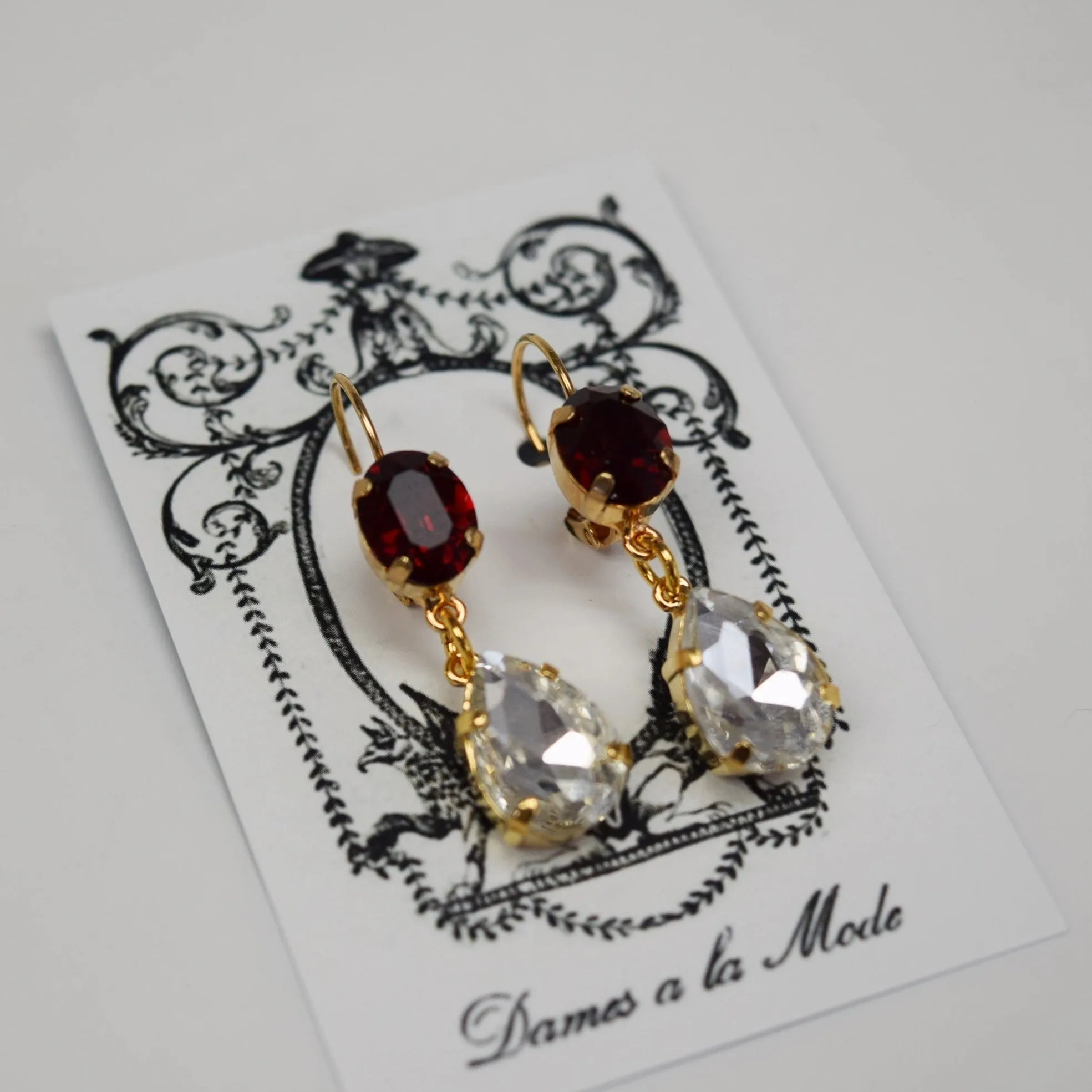 Garnet and Clear Crystal 2-Stone Teardrop Earrings