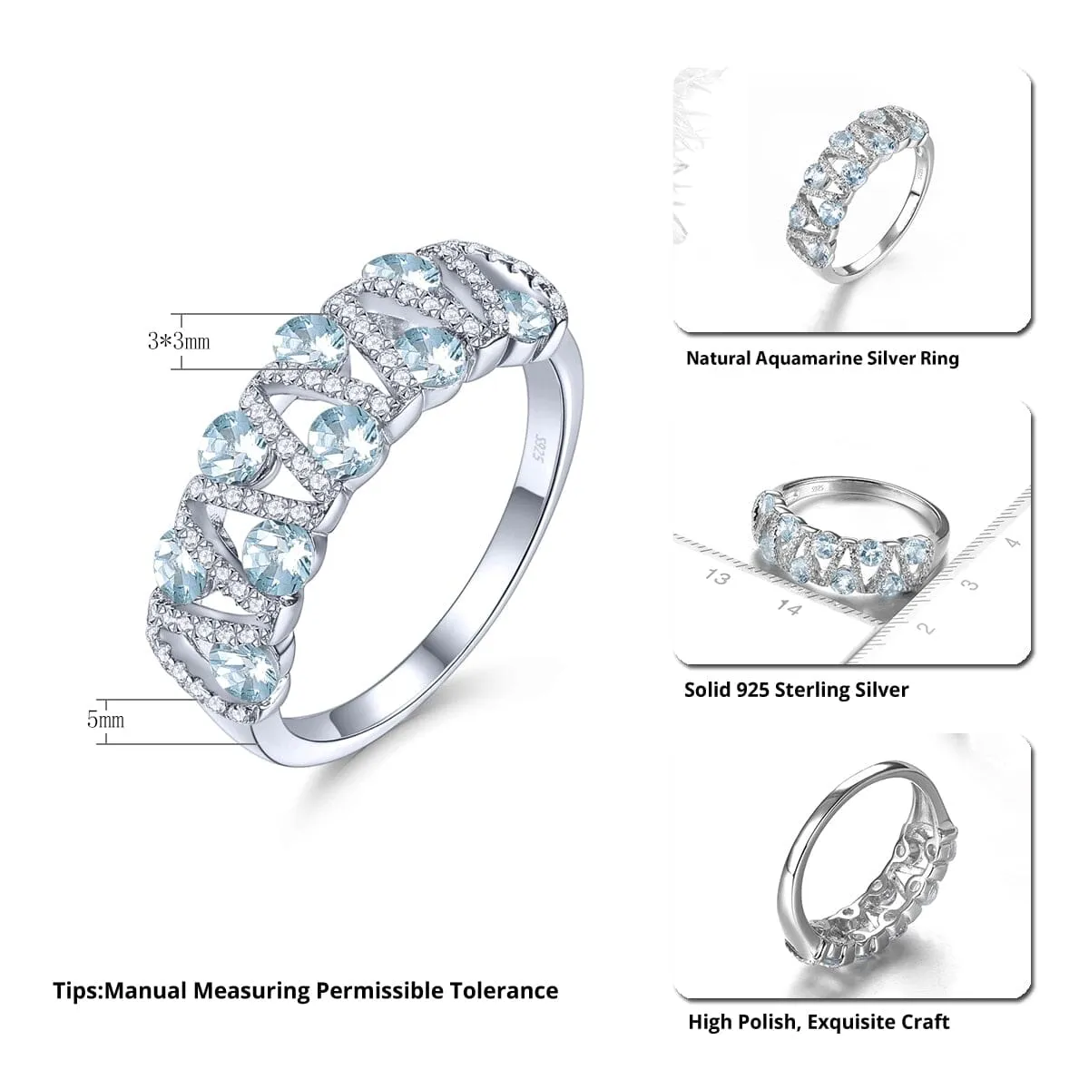 Genuine Aquamarine Ring - 925 Sterling Silver