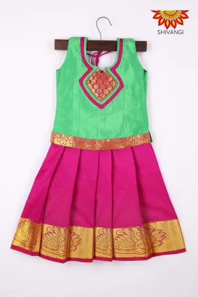 Girls Art Silk Pattu Pavadai Dark Pink and Green