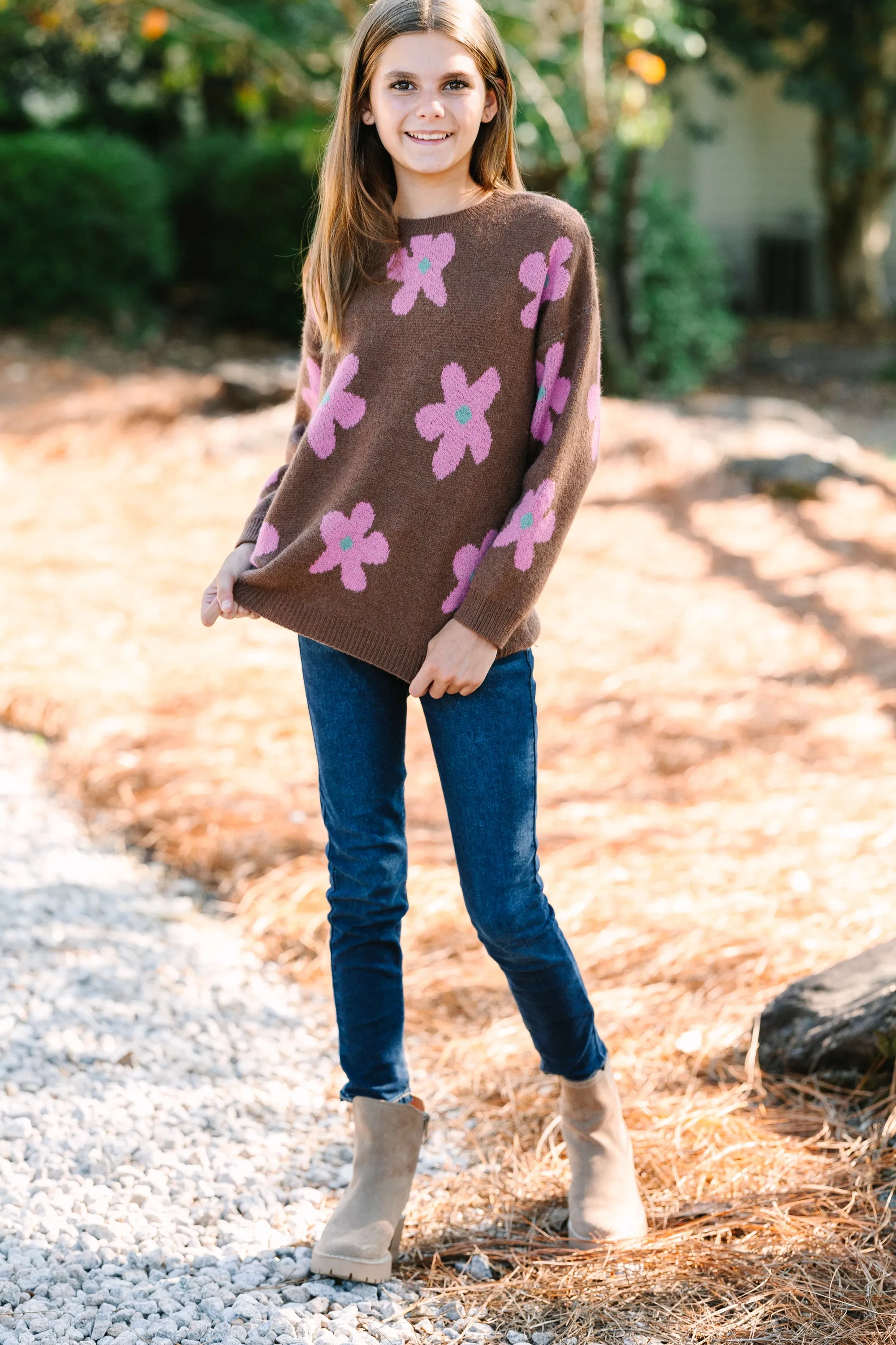 Girls: Feeling Fun Brown Floral Sweater