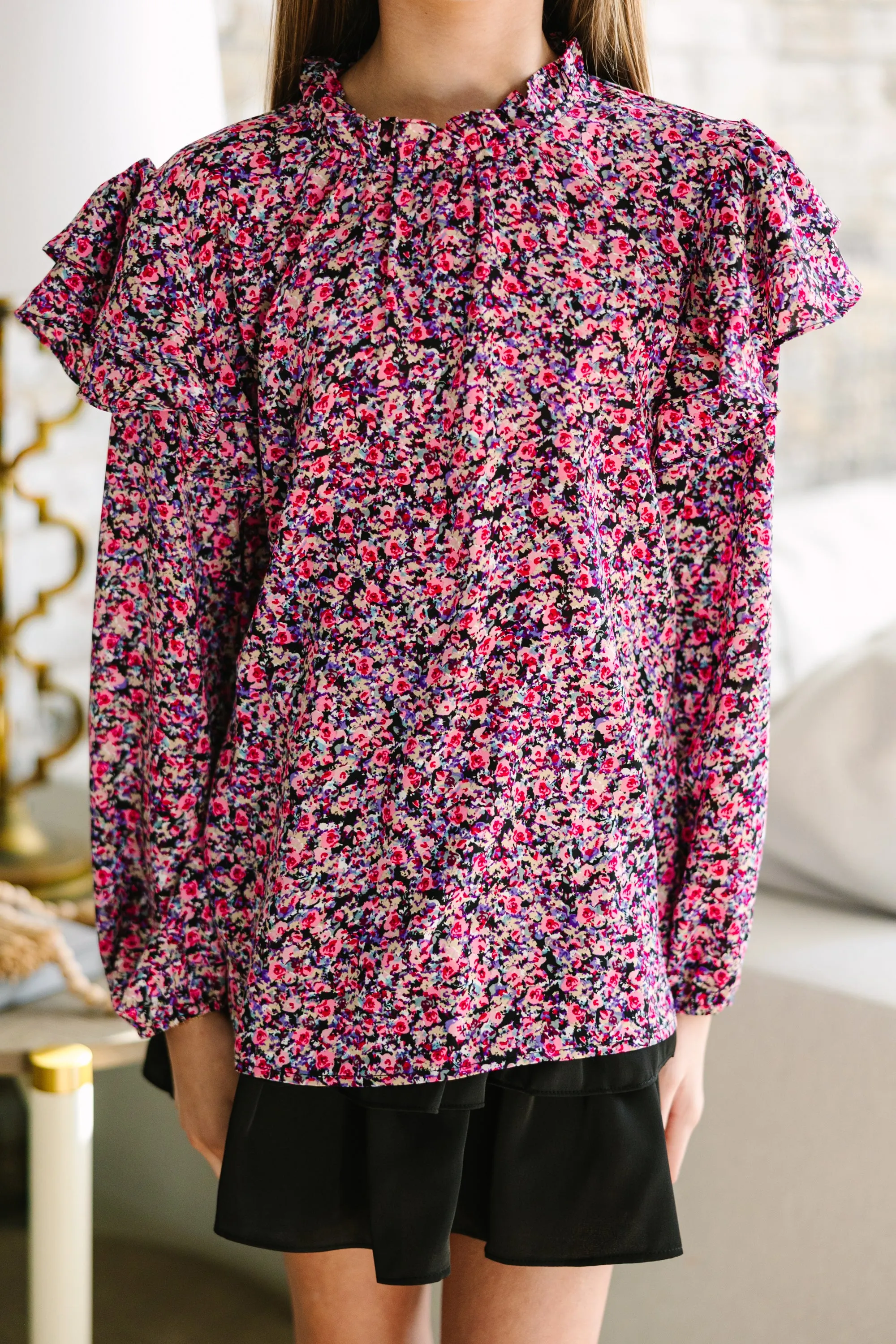 Girls: On My Heart Purple Ditsy Floral L/S Blouse