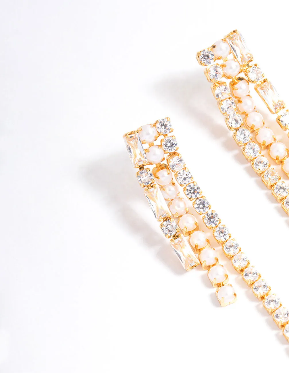 Gold Plated Cubic Zirconia Round & Baguette Pearl Drop Earrings