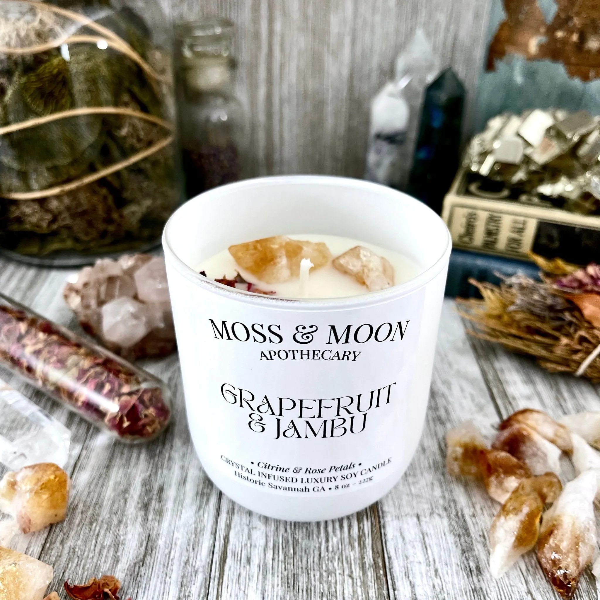 Grapefruit and Jambu Candle with Raw Citrine - Moss & Moon Apothecary Luxury Soy Crystal Candle /