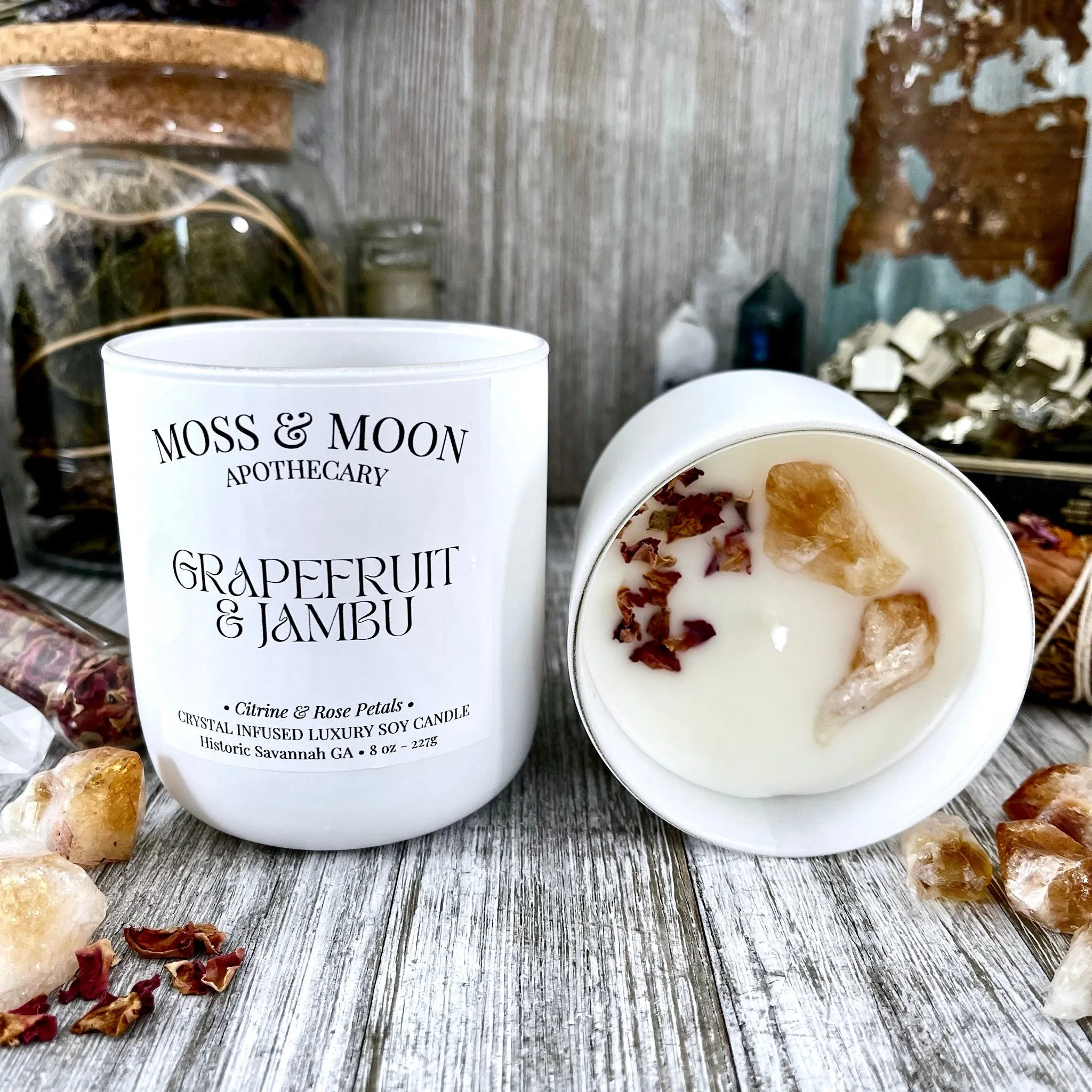 Grapefruit and Jambu Candle with Raw Citrine - Moss & Moon Apothecary Luxury Soy Crystal Candle /