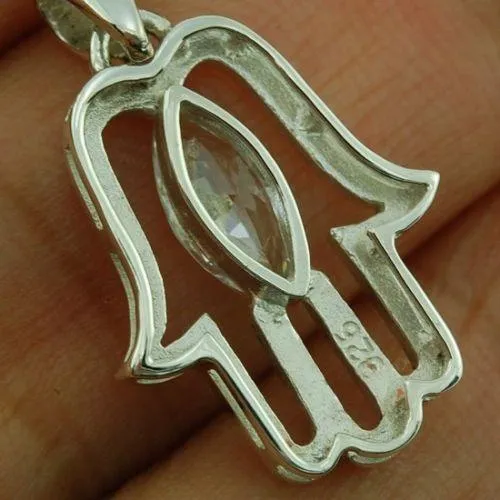 Hamsa Pendant with White Gemstone Fatima hand   925 Sterling Silver Necklace