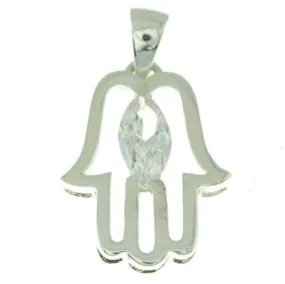 Hamsa Pendant with White Gemstone Fatima hand   925 Sterling Silver Necklace