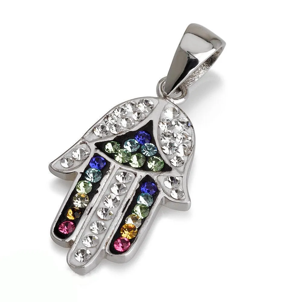 Hamsa Silver Pendant Multi Colors Gemstones   925 Sterling Silver Chain #54