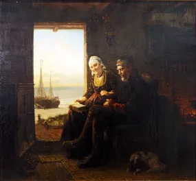 Interior with an elderly couple and a view of the sea