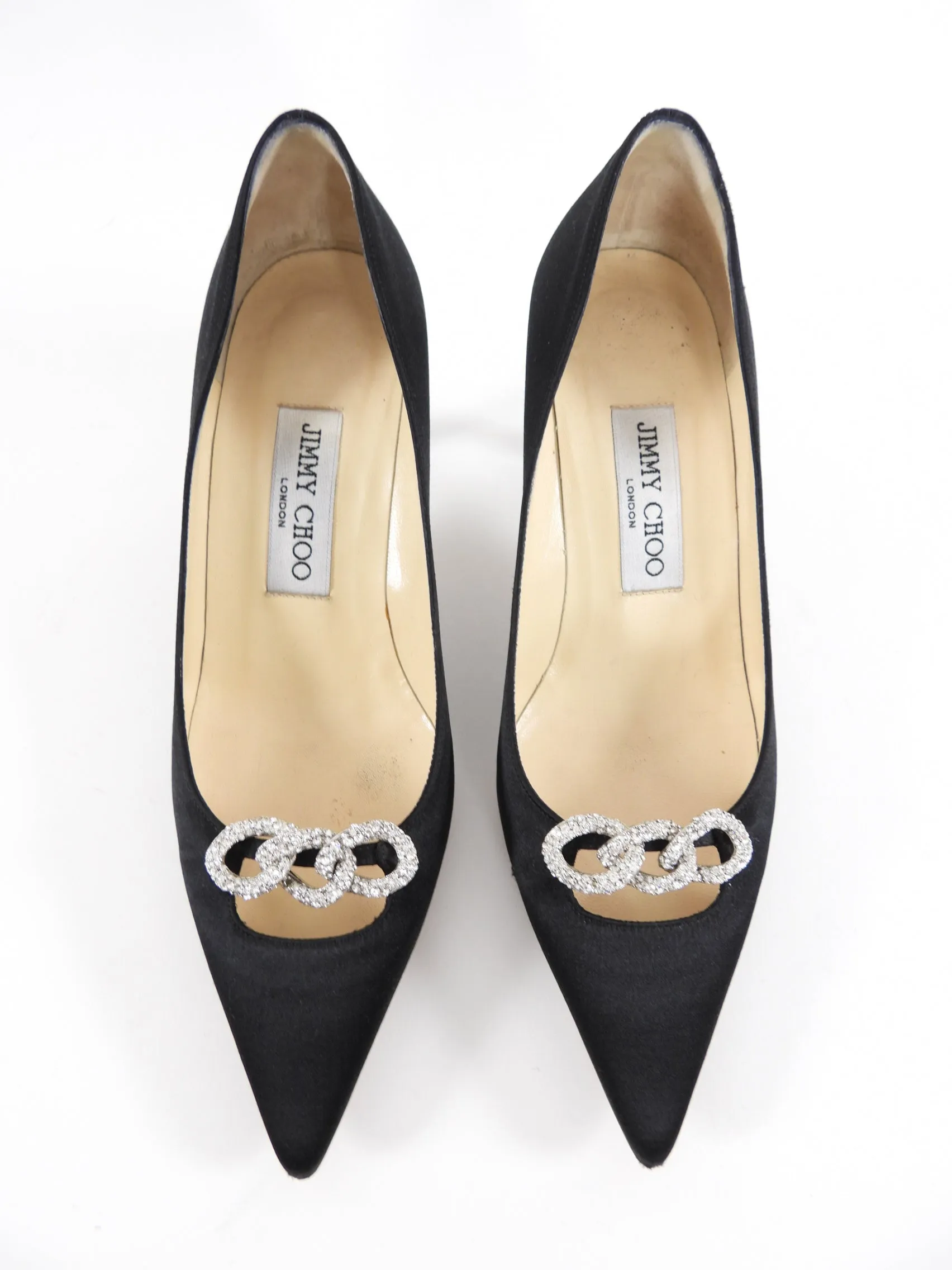 Jimmy Choo Black Satin Crystal Embellished Pumps - 35.5