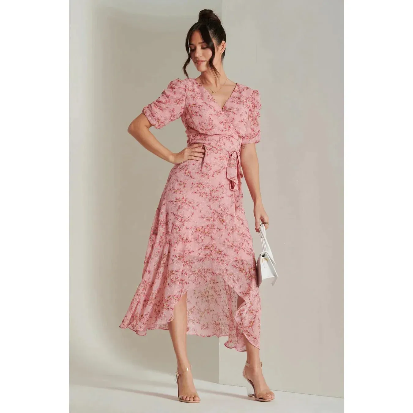 Jolie Moi Pink Textured Chiffon Waterfall Wrap Dress