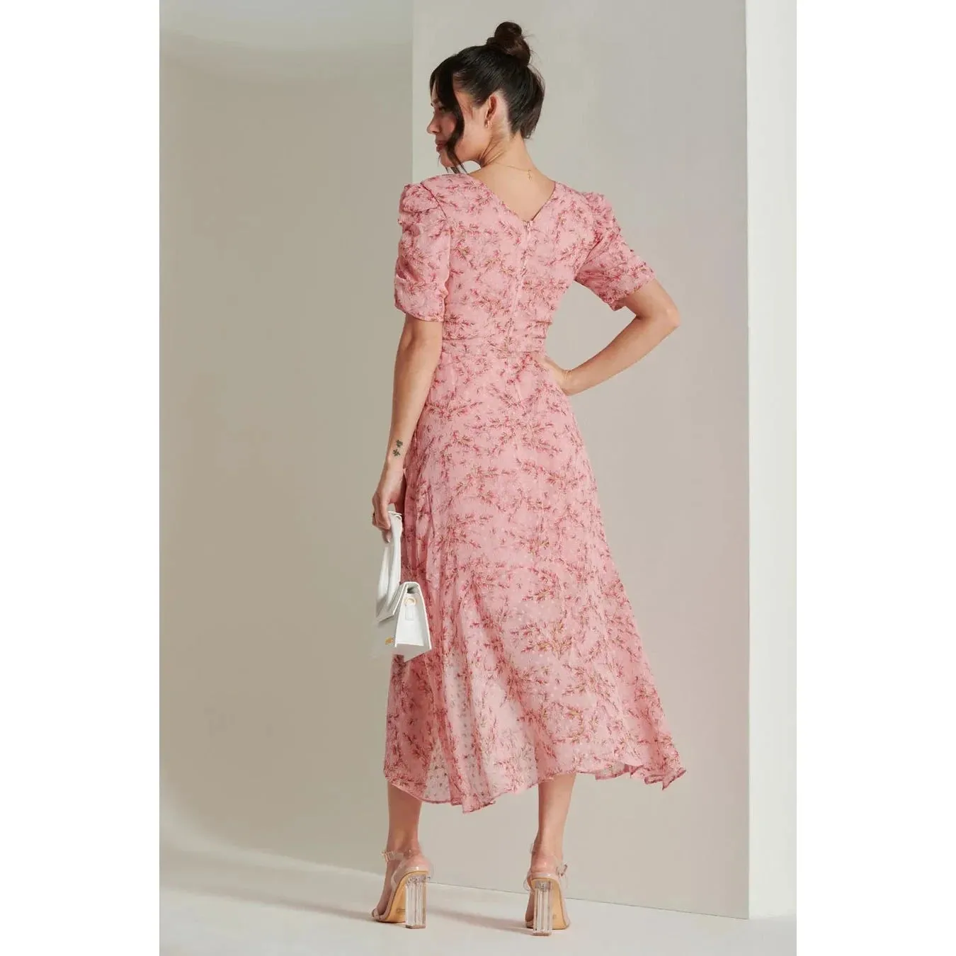 Jolie Moi Pink Textured Chiffon Waterfall Wrap Dress