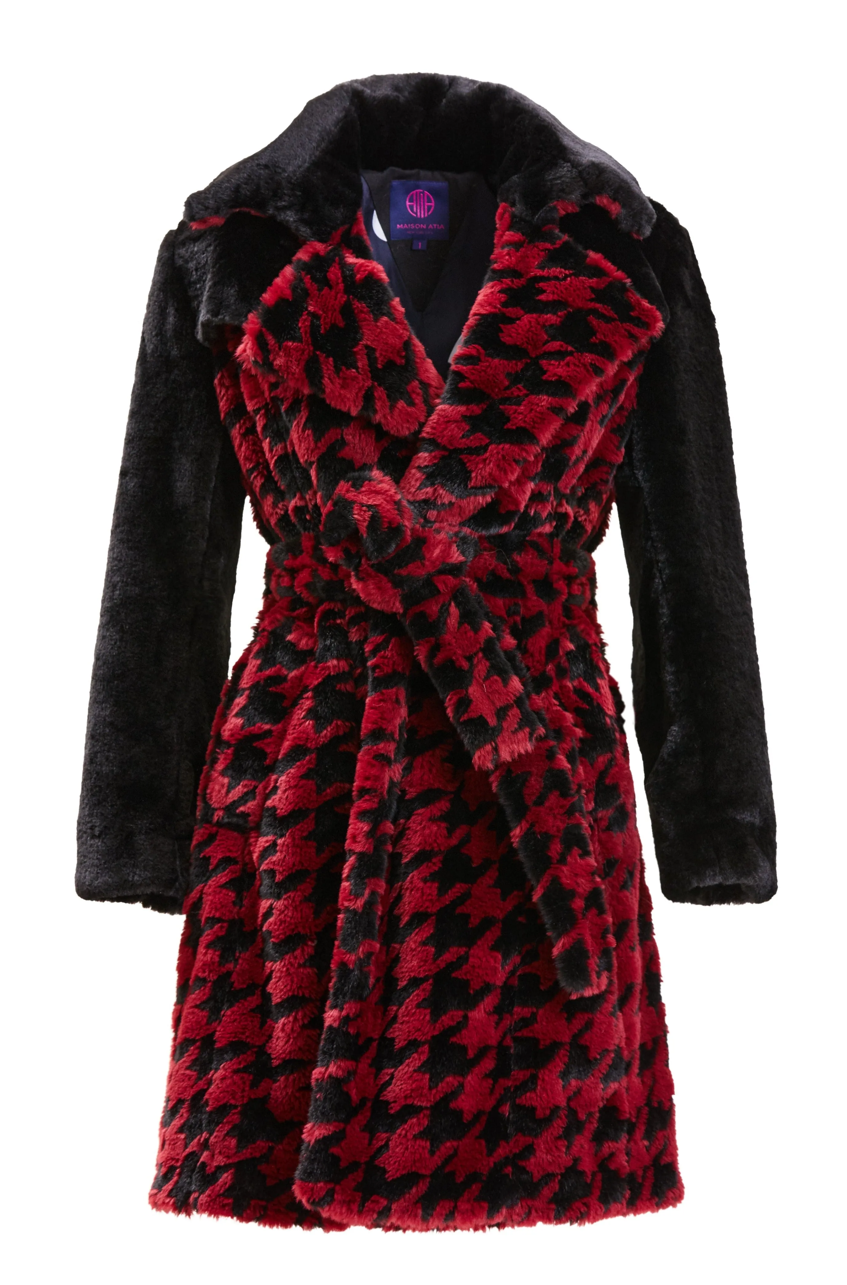 Juliette Houndstooth Coat Faux Fur in Bordeaux