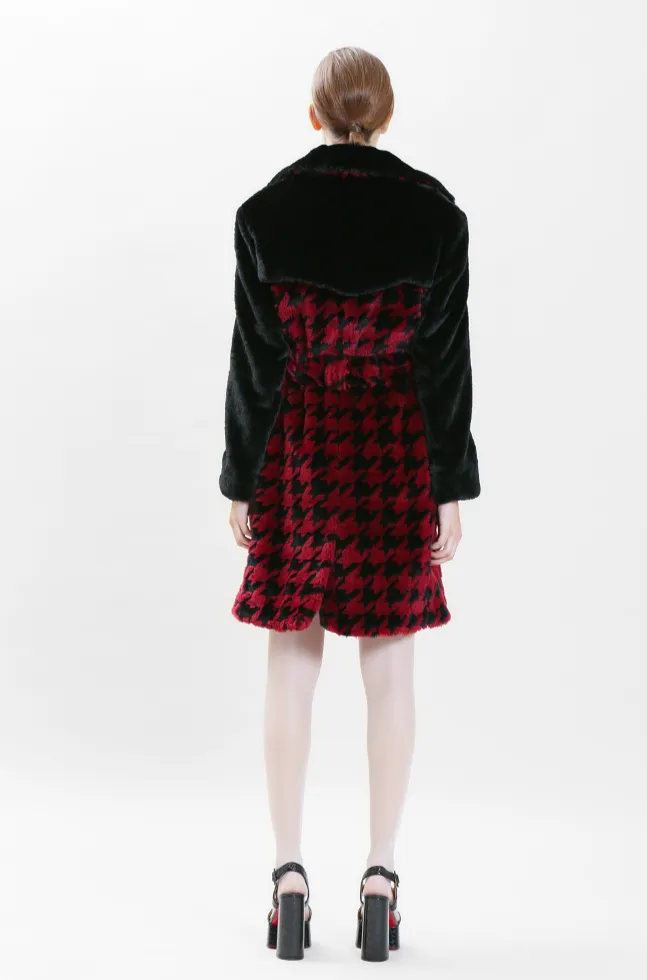 Juliette Houndstooth Coat Faux Fur in Bordeaux