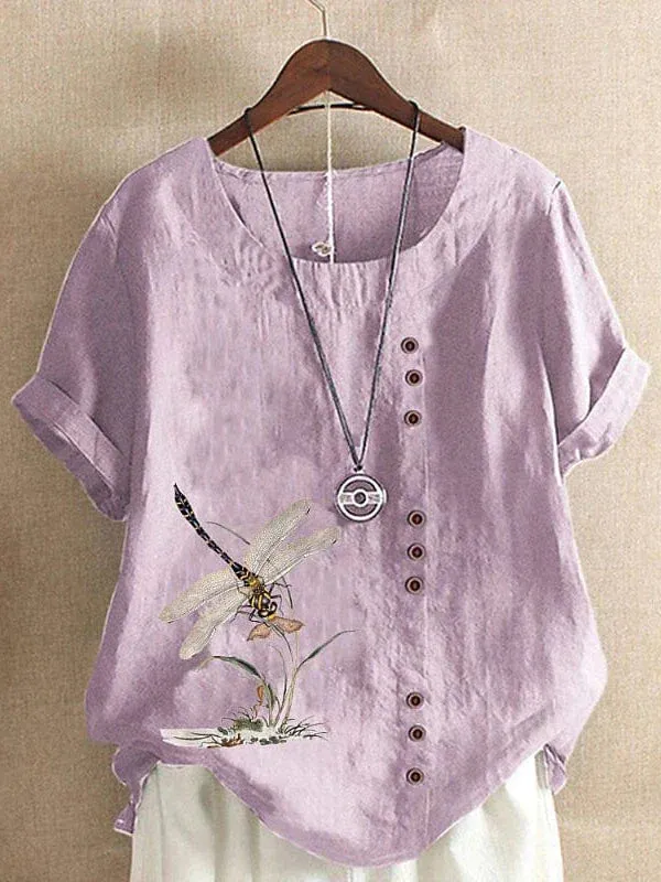 Ladies' Floral Print Linen T-Shirt with Short Sleeves