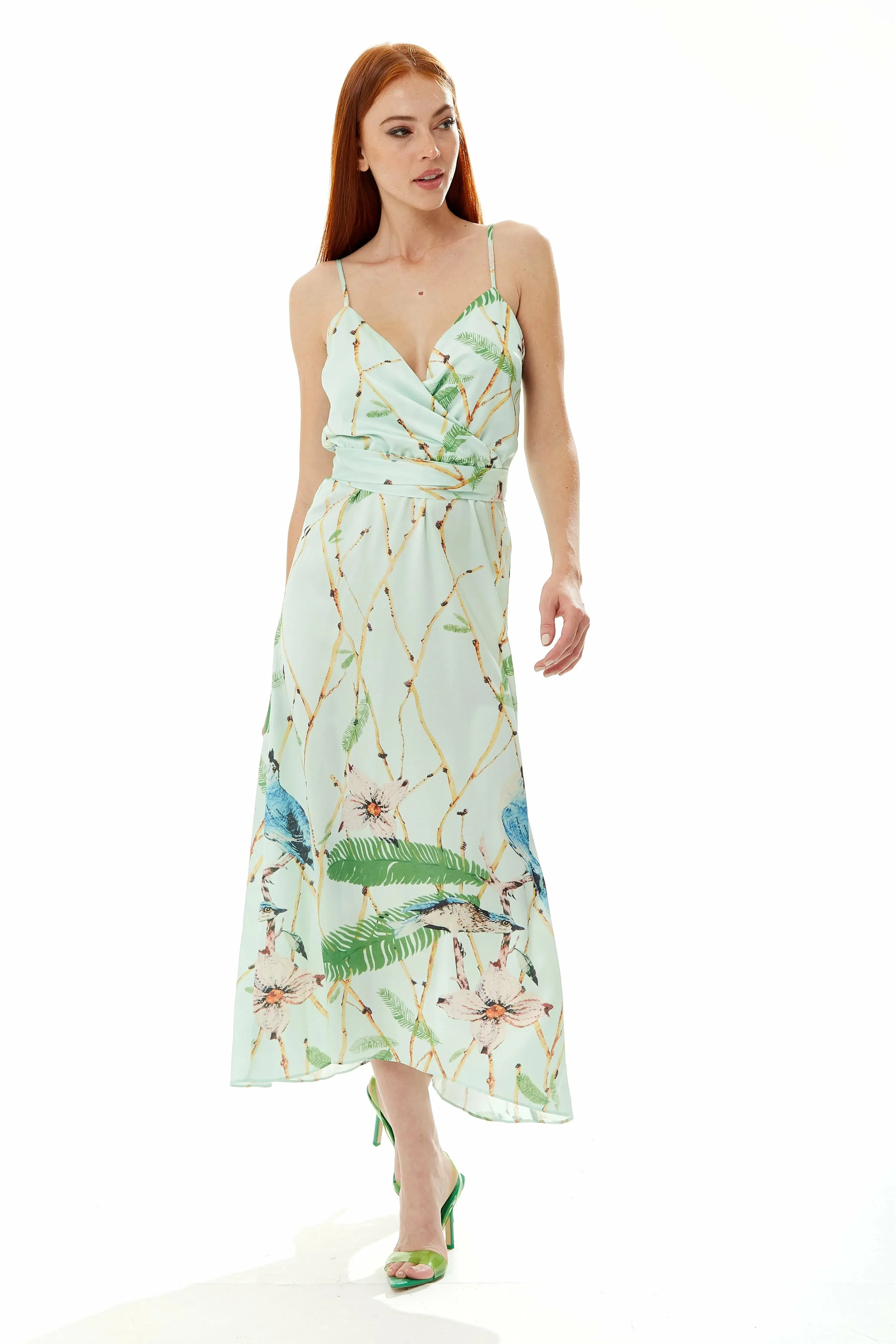 Liquorish Bird Print Cami Maxi Dress In Mint Green