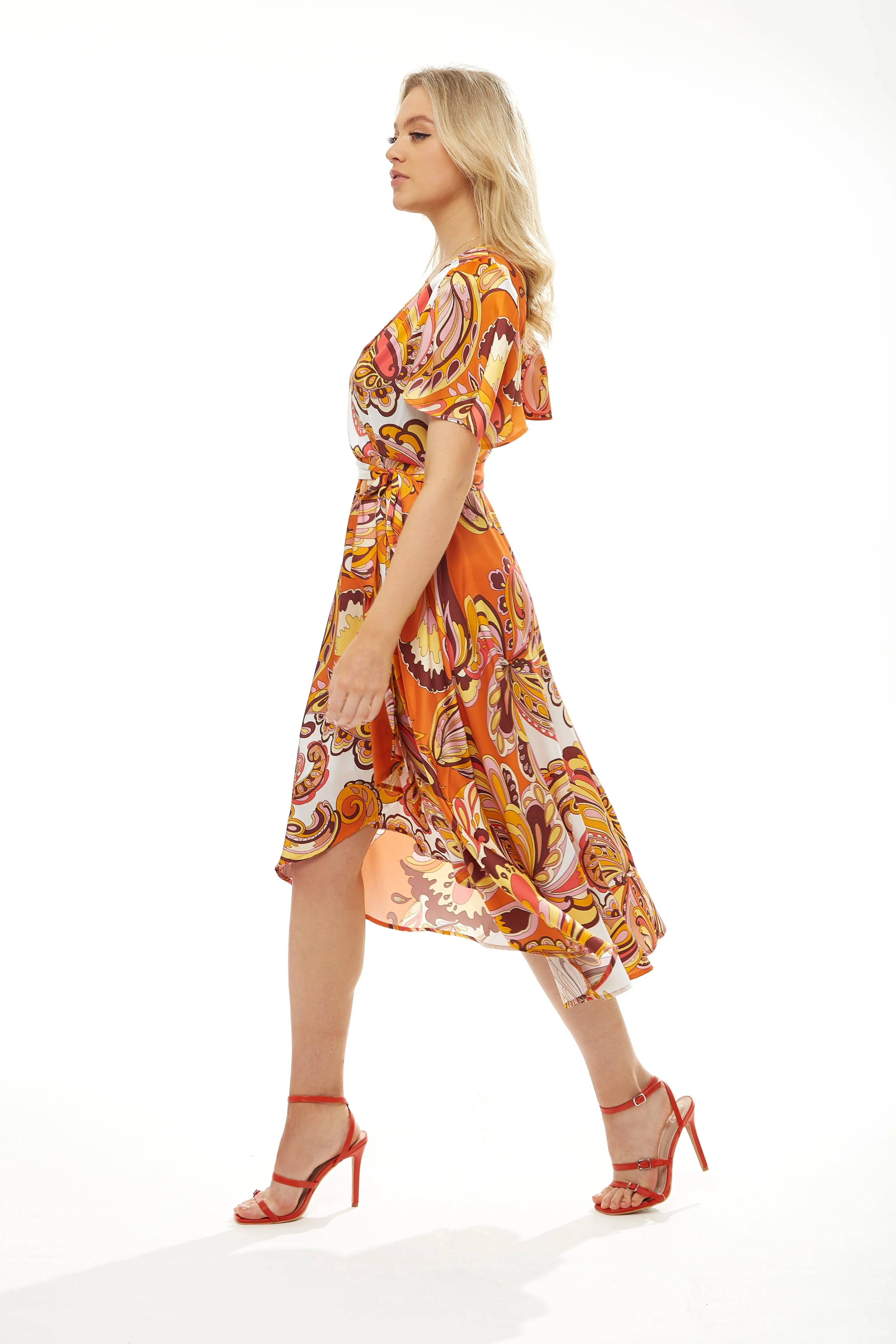 Liquorish Fake Wrap Midi Dress In Orange Floral