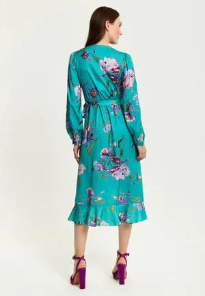 Liquorish Green Floral Print Midi Wrap Dress