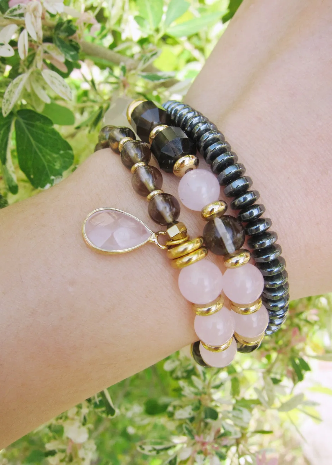 Love, Fertility, Balance, Grounding - Rose Quartz, Smoky Quartz Mala Bracelet in 27 Beads