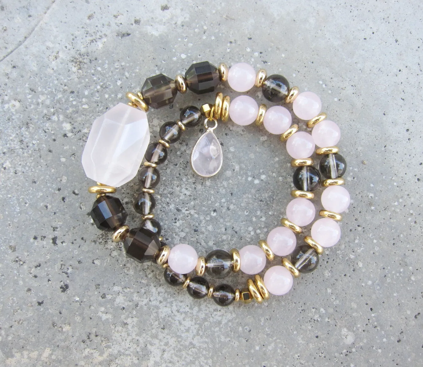 Love, Fertility, Balance, Grounding - Rose Quartz, Smoky Quartz Mala Bracelet in 27 Beads