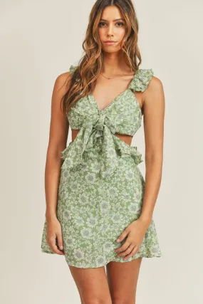 MABLE Floral Side Cutout Ruffled Mini Dress