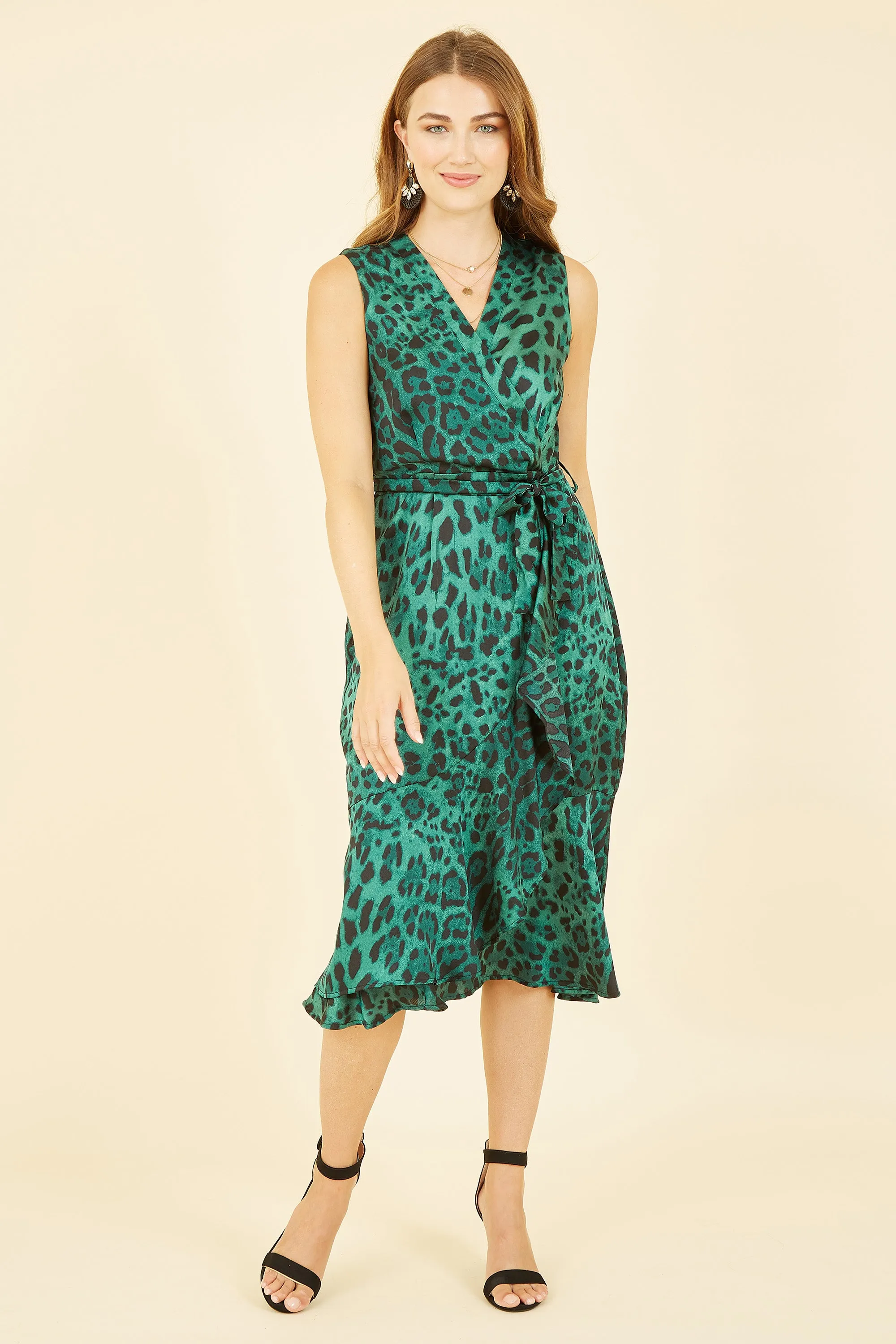 Mela London Green Animal Print Satin Wrap Midi Dress