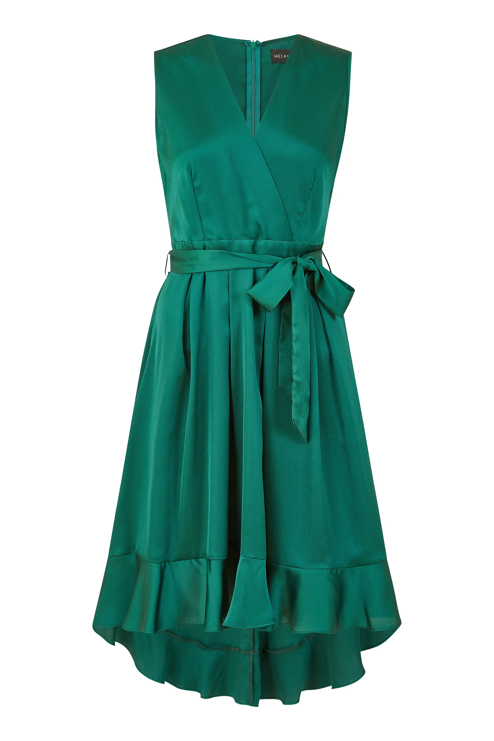 Mela London Green Satin Dipped Hem Wrap Over Midi Dress