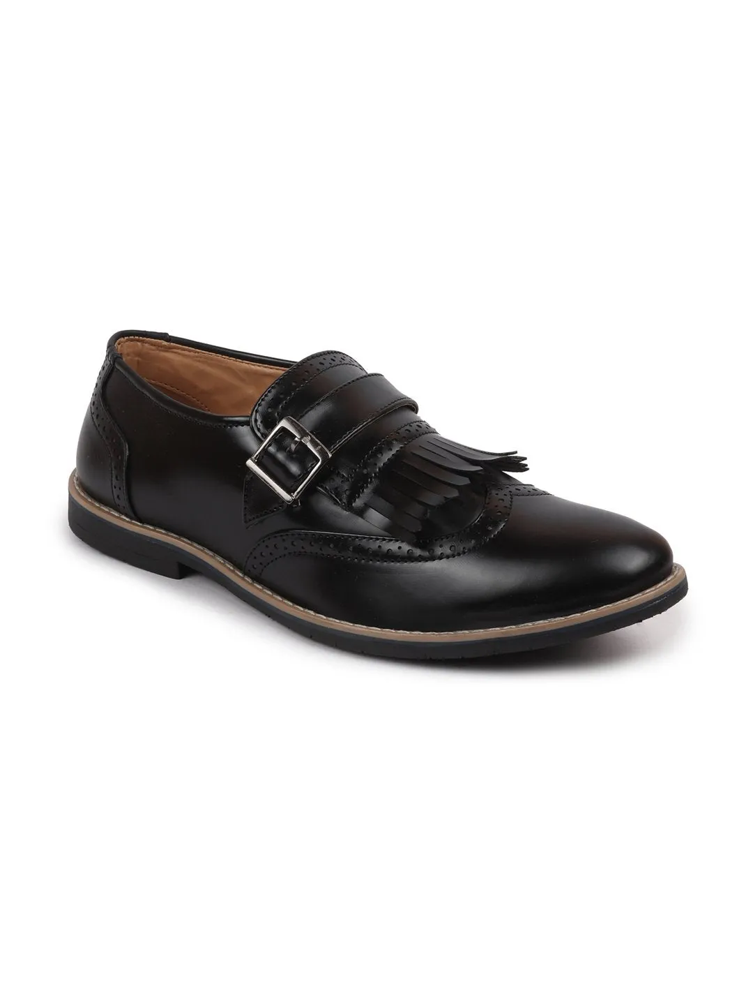 Men Black Monk Single Strap Fringe Formal Shoes with TPR Welted Sole