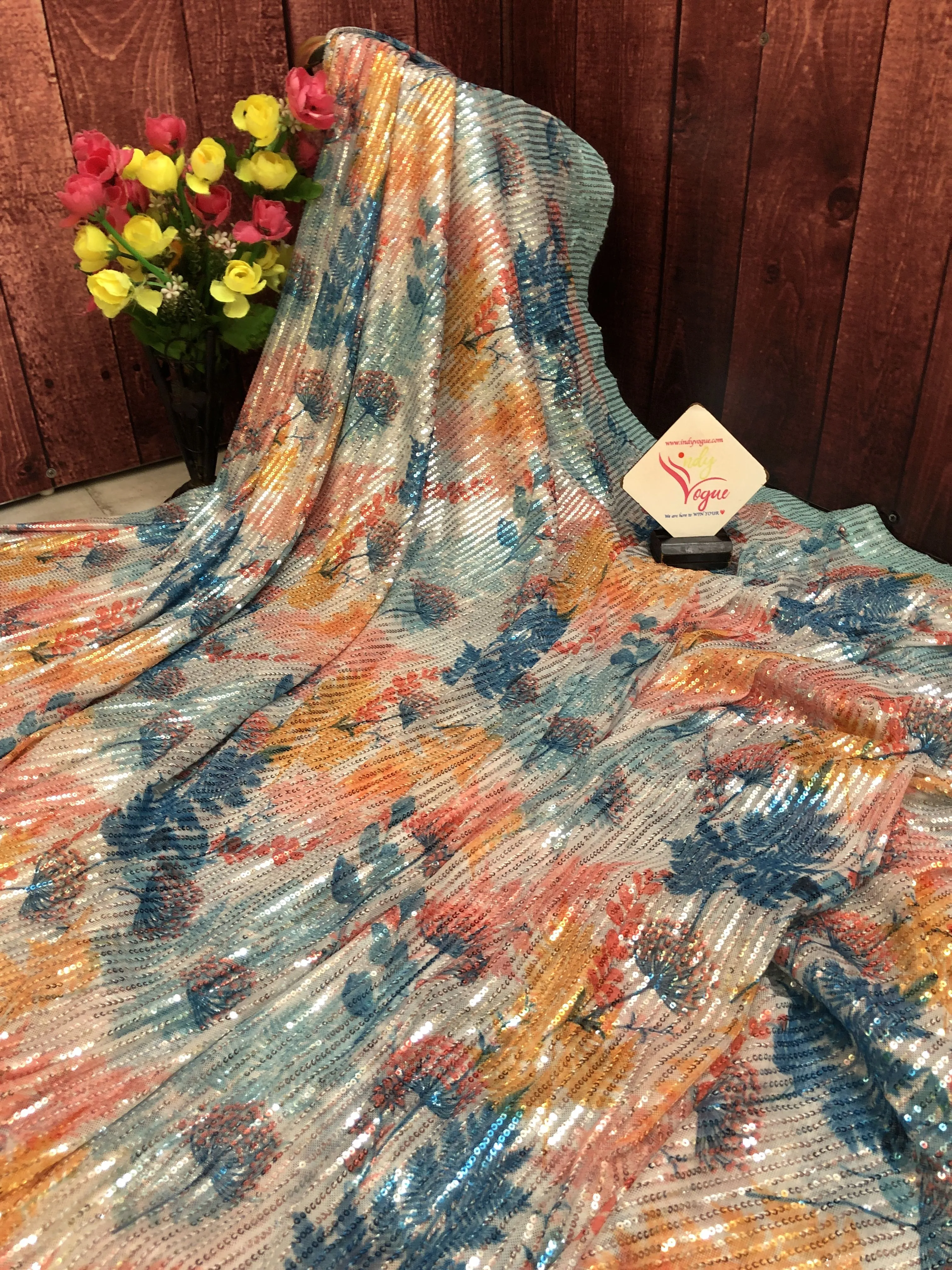 Multicolor Designer Net Saree with Digital Print & Sequin Work