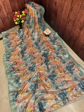 Multicolor Designer Net Saree with Digital Print & Sequin Work