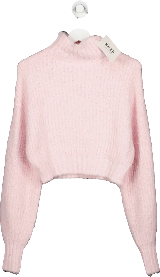 NA-KD Pink Fluffy Knitted Turtleneck Sweater UK XXS