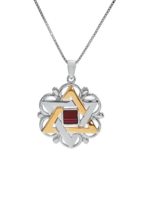 Nano Sim OB Silver and 9K Gold Pendant, Star of David with Floral Shape Holyland