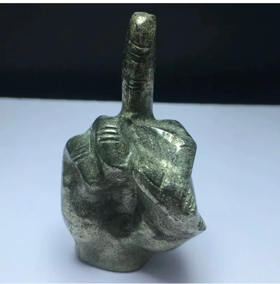 Natural pyrite middle finger figurine