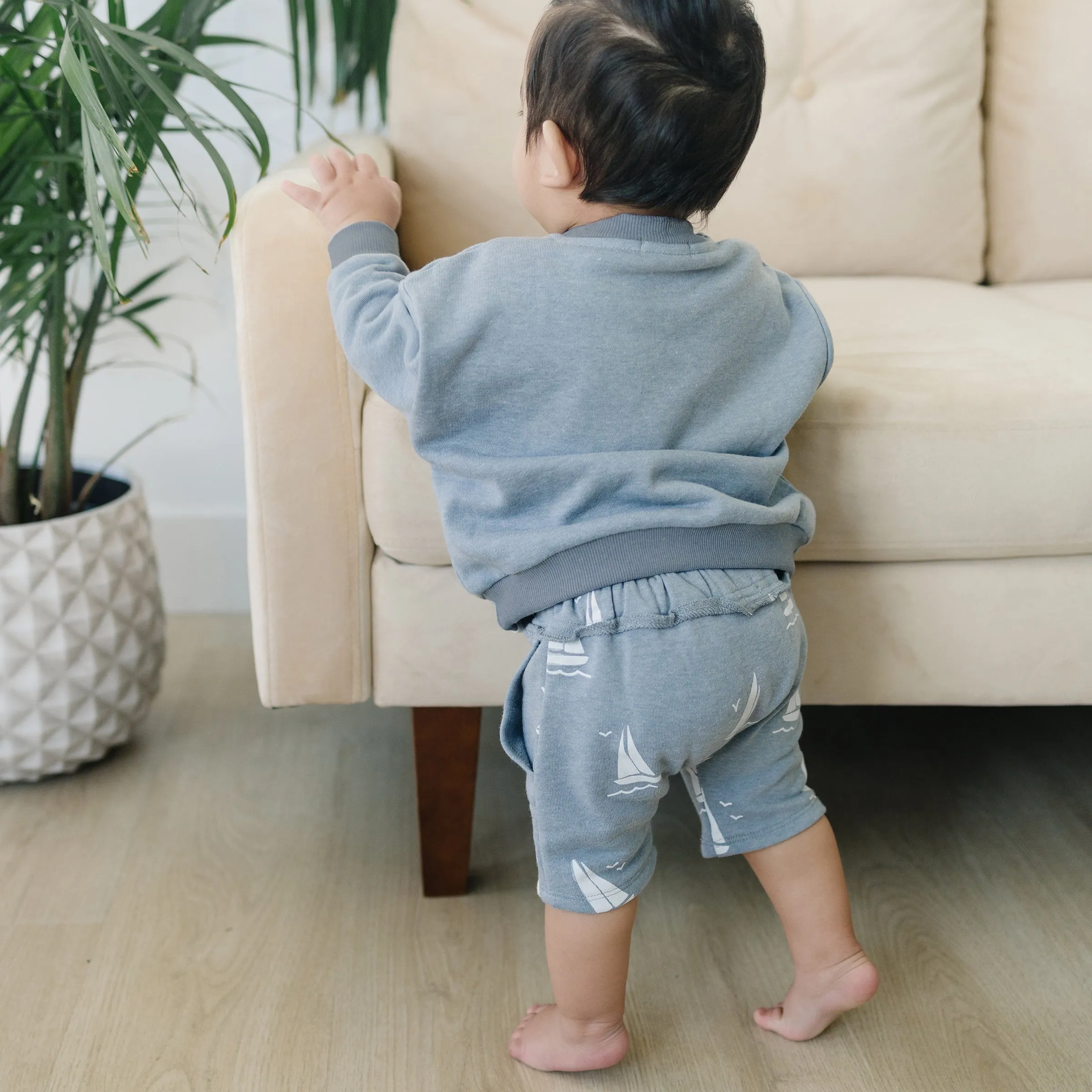 oh baby! Cotton French Terry Slouch Boxy Sweatshirt with Pocket - Sailor Applique - Fog