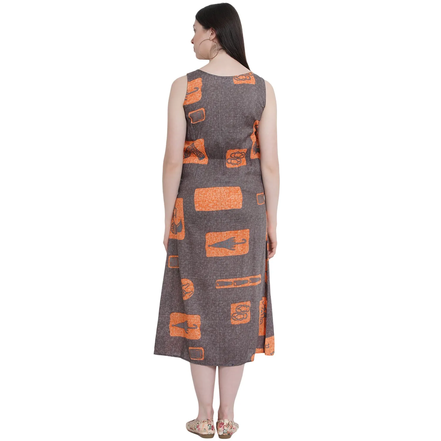 Orange Abstract Print Maternity and Nursing Midi Dress