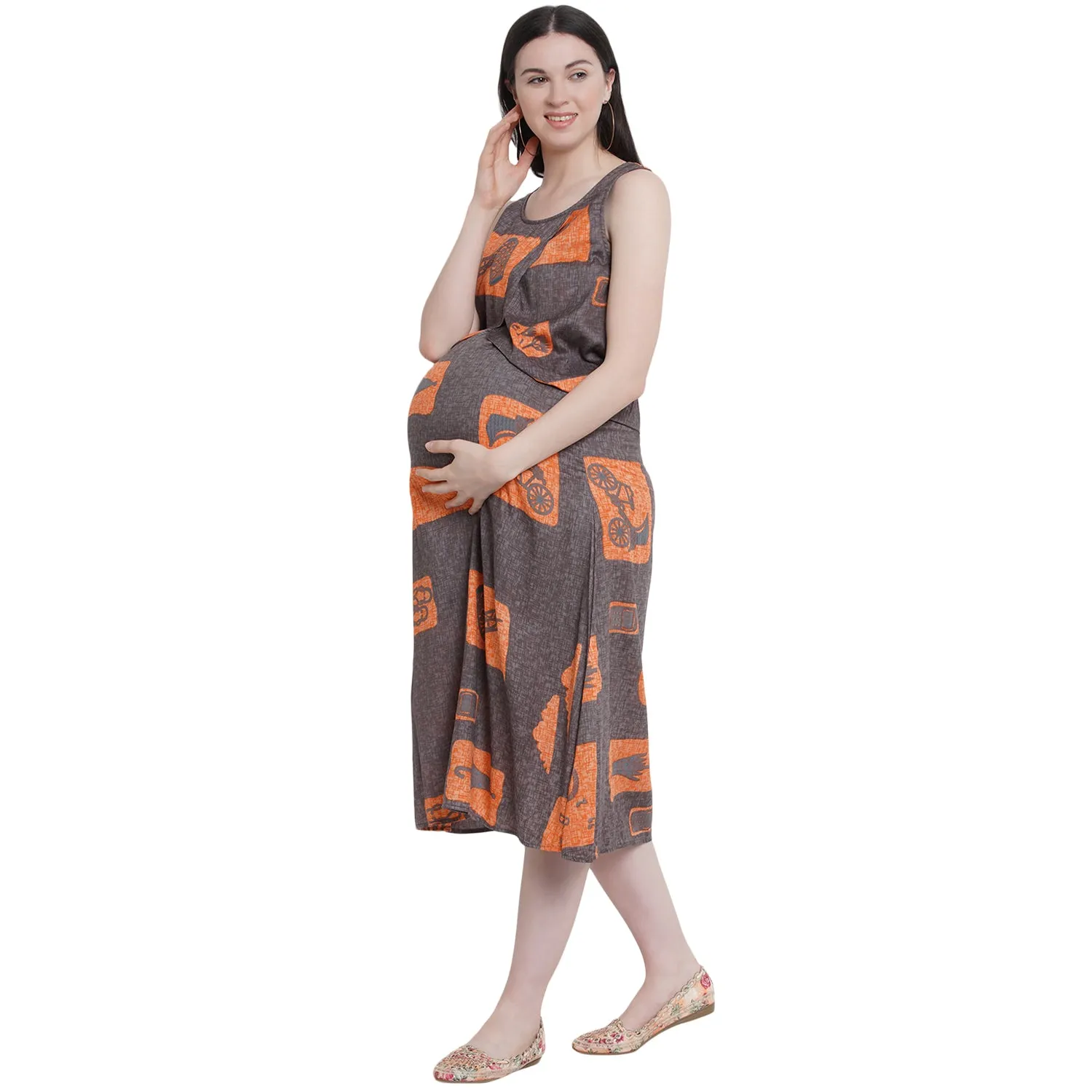 Orange Abstract Print Maternity and Nursing Midi Dress