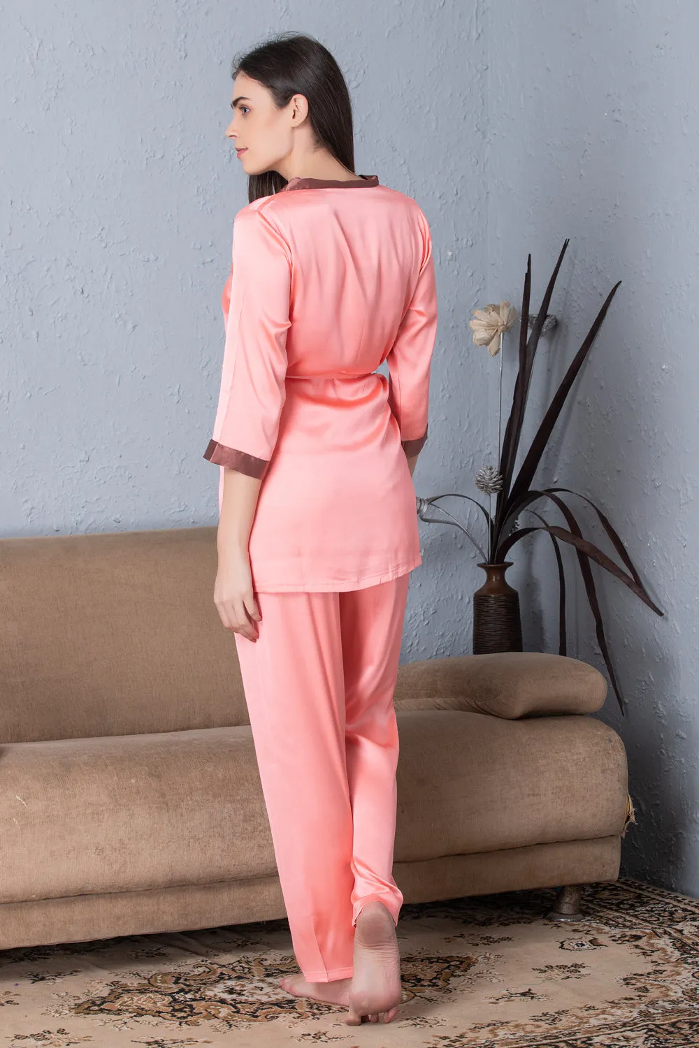 Peach Satin Night suit with Robe