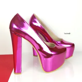 Pink Fucshia Mirror Chunky High Heels