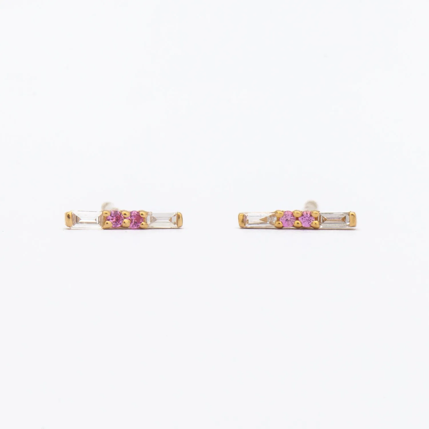 Pink Sapphire & Baguette Diamond Bar Studs