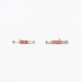 Pink Sapphire & Baguette Diamond Bar Studs