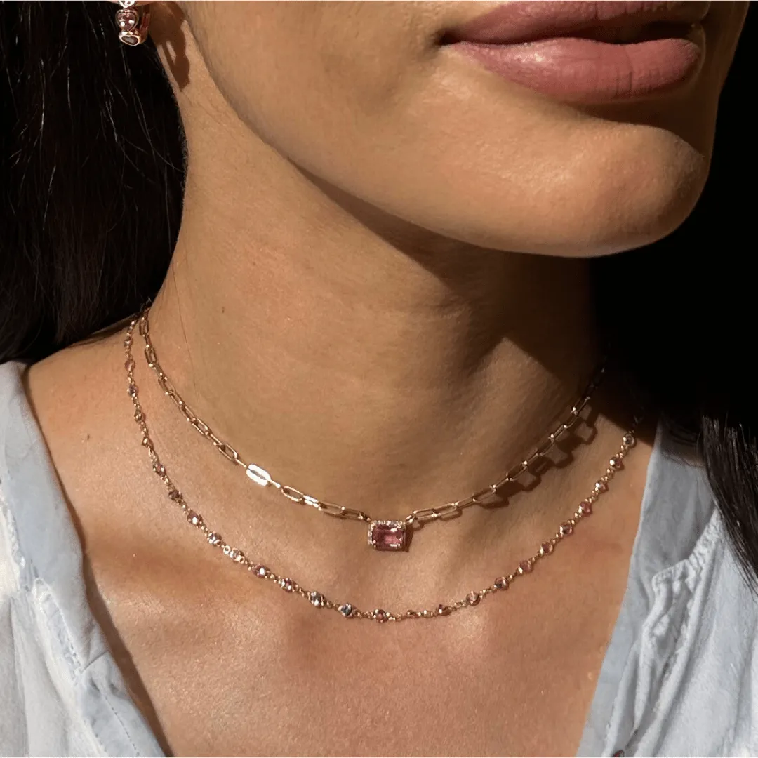 Pink Sapphire and Diamond Paper Clips Chain Necklace