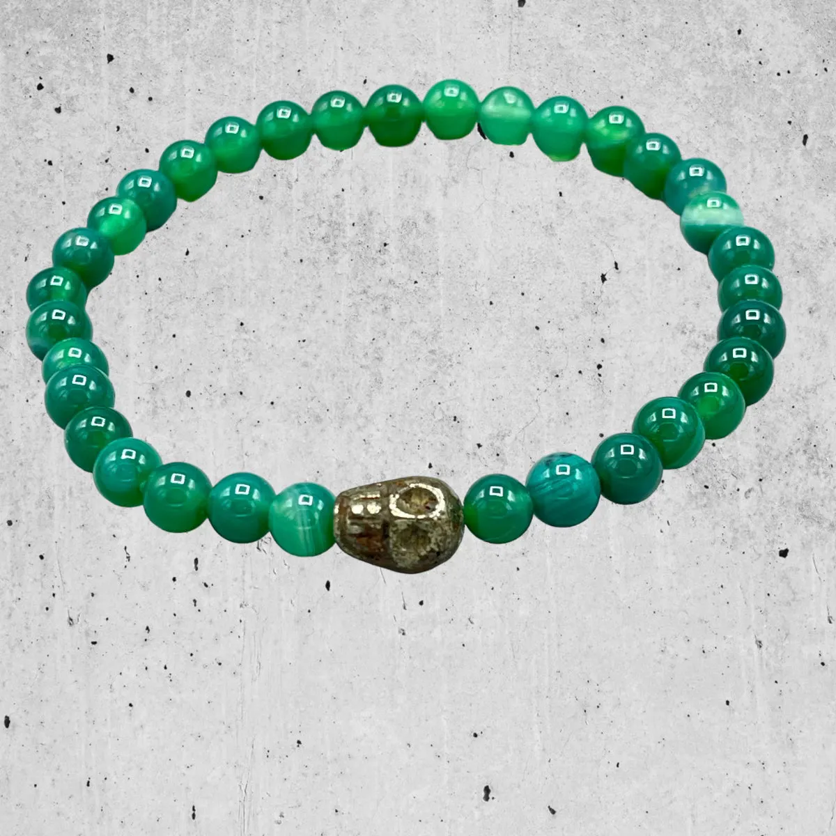 Pyrite Skull and Green Agate Bracelet