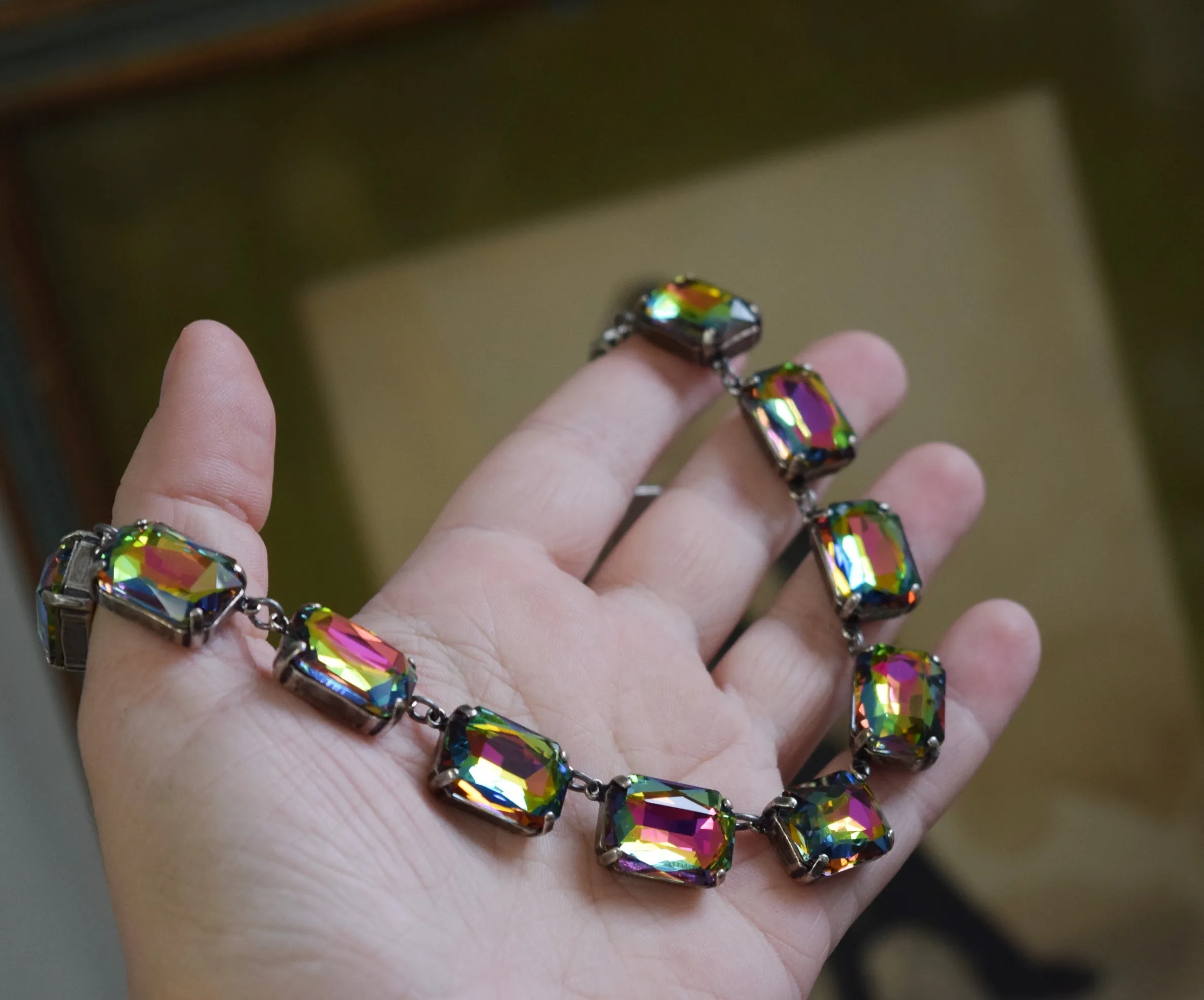 Rainbow Aurora Crystal Collet Necklace - Large Octagon