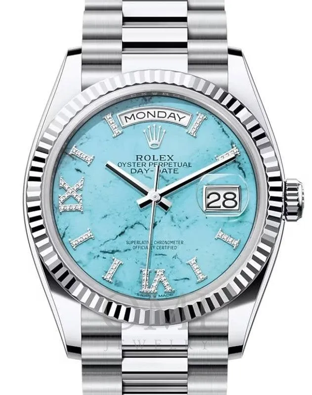 ROLEX DAY-DATE 36 PRESIDENT PLATINUM TURQUOISE TIFFANY DIAMOND DIAL & FLUTED BEZEL 128236 WITH PLATINUM OYSTER BRACELET