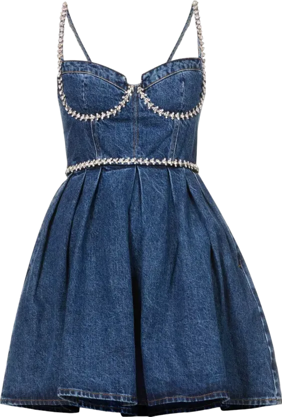 SELF PORTRAIT Blue Crystal-embellished Sweetheart Denim Mini Dress UK 4