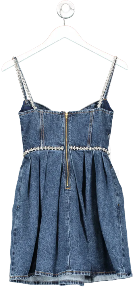 SELF PORTRAIT Blue Crystal-embellished Sweetheart Denim Mini Dress UK 4